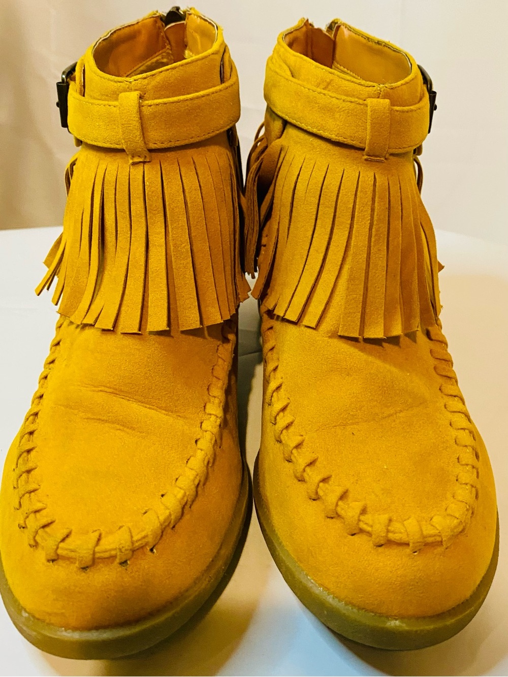 BAMBOO Mustard Yellow Fringe Women’s Moccasin Ankle Boots